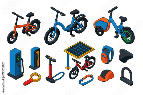 Electric Bicycle Icons. Isometric vector illustration set electric bicycle: lightweight folding e-bike, step-through commuter