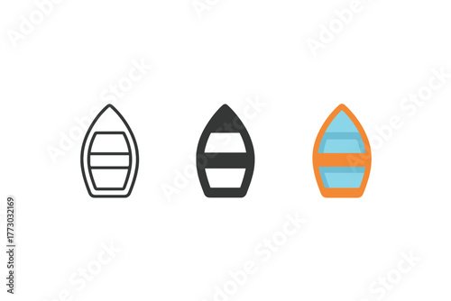 Minimal Boat Icons. Minimalist boat icon: three identical small boats with simple hulls in a row, first in line style with thin
