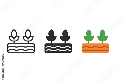 Minimalist Garden Icons. Minimalist plot layout icon: three identical garden plot icons in a row, first in line style with thin