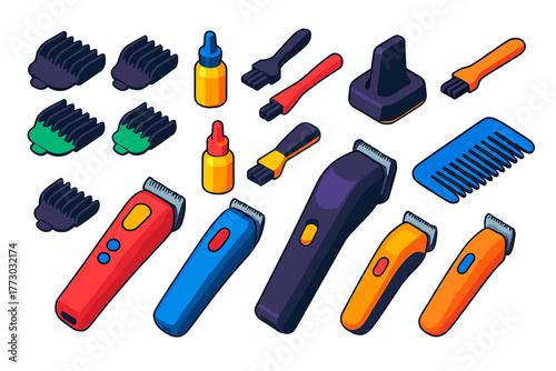 Grooming Tool Icons. Isometric vector illustration set Hairdressing and Grooming Tools: electric clipper guards, clipper oil,