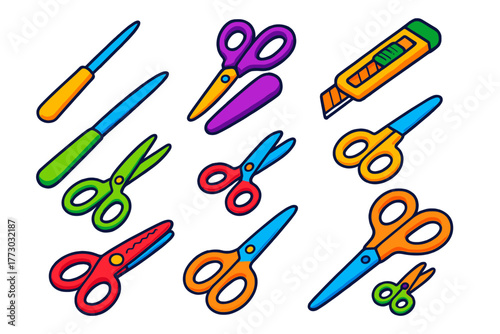 Colorful Scissors Collection. Isometric vector illustration set Stationery: envelope opener, letter knife, paper knife, scissors