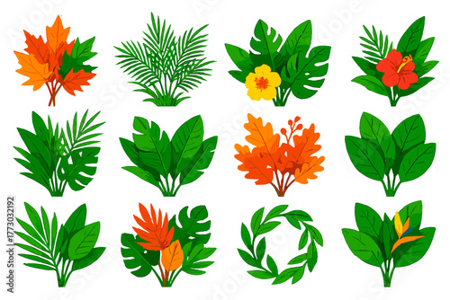 Isometric Leaf Bouquets. Isometric vector illustration set Tropical and Decorative Leaves: maple leaf bouquet, palm leaf bouquet,