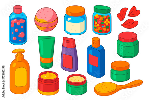 Bright Bath Essentials. Isometric vector illustration set Wellness, Relaxation, and Beauty Essentials: bubble bath bottle, bath