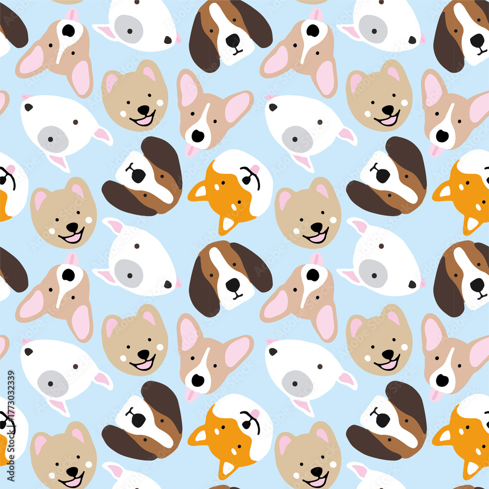 Fototapeta premium Cute Dog Faces Seamless Pattern on Blue Background | Playful Puppy Cartoon Illustration for Kids Fabric, Wallpaper, and Stationery