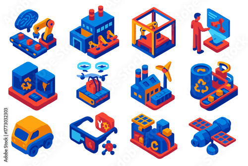 Futuristic Manufacturing Innovations. Isometric vector illustration set Future Manufacturing Concepts: AI-driven assembly line,