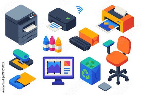 2D Printing Technology Icons. Isometric vector illustration set 2D printing, design, and technology: office printer, home printer,