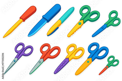 Colorful Scissors Collection. Isometric vector illustration set Stationery: envelope opener, letter knife, paper knife, scissors