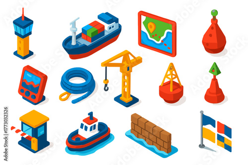Harbor Navigation Icons. Isometric vector illustration set Harbor and Port Navigation: port control tower, cargo ship radar,