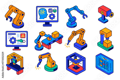 Robotics in Manufacturing. Isometric vector illustration set Robotics and AI in Manufacturing: robotic arm, AI control screen,