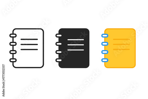 Minimalist Notebook Icons. Minimalist notebook icon: three identical spiral notebooks with visible cover lines in a row, first in