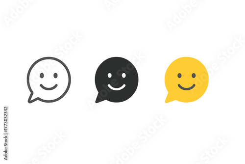 Minimalist Smiley Chat Bubbles. Minimalist smiley chat icon: three identical chat bubbles with smiley faces in a row, first in