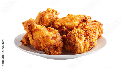 Crispy fried chicken pieces on plate isolated on a transparent background