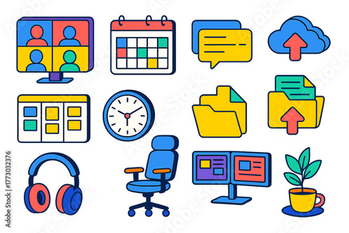 Remote Work Toolkit. Isometric vector illustration set Remote Work Essentials: video call screen, shared calendar, chat window,