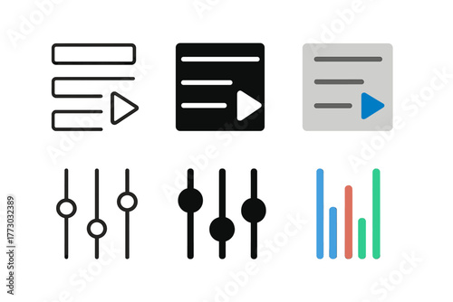 Minimalistic Playlist Icons. Linear minimalistic playlist icon: list outline with small play button, uniform line thickness, no
