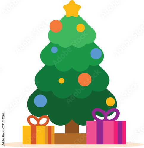 A New Year's tree with colored ornaments and gifts.