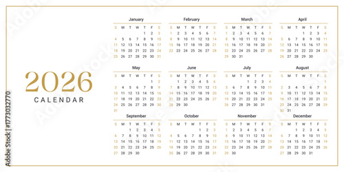 Elegant 2026 Calendar Design in Gold and White with Minimalist Layout