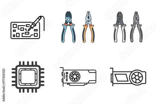 Electronics Repair and Hardware Icons Set with Soldering, Pliers, CPU, and GPU