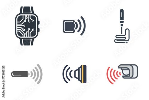 Technology and IoT Icons Set: Smartwatch, Wireless Communication, Electronic Sensors, Motion Detector, Audio Speaker, Repair Tools Vector Collection