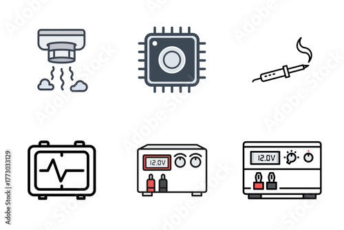 Electronic Devices and Engineering Equipment Flat Line Icons Set - Technology Vector Illustration