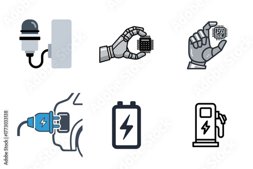 Technology, AI, Robotics, Microchip, Electric Vehicle Charging, and Battery Icons Set