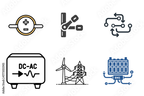 Renewable Energy, Battery and Electrical Power Systems Icons Set