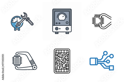 Electronic Engineering Technology Icons Set, Digital Circuitry, Repair, Maintenance, Data Connectivity, Microchip Components