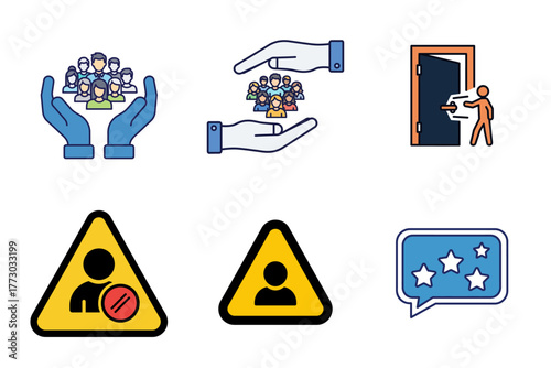 Business & Community Vector Icons: People Protection, Team Support, Access, Restricted User Warning, Customer Feedback & Rating Symbols