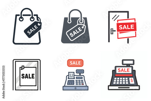 Retail Sale and Discount Icons Set: Shopping Bags, Price Tags, Sale Signs, and Cash Registers