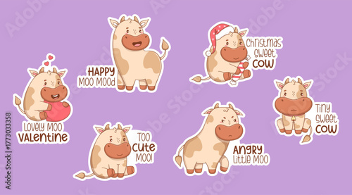 Cute Little Cow Stickers. Funny Cartoon Kawaii Bull with Cool Slogans. Isolated Livestock Christmas Animal in Santa Hat, with Heart, Happy and Sad. Vector illustration. Kids collection. Not AI