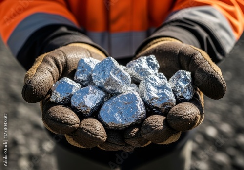 Miner's gloved hands holding a pile of shiny metallic ore or silver nuggets.