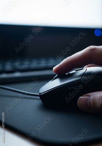 Detail of a finger on the scroll wheel of a modern mouse, with a keyboard in the back.