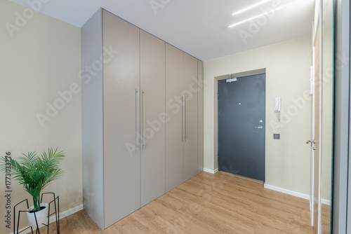 Wallpaper Mural Home Entrance Hall. Interior. Wooden Black Outdoor Door, Brown Flooring. Minimalism. LED Light Torontodigital.ca