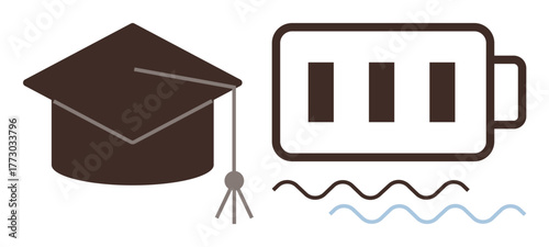 Graduation cap beside partially charged battery with wave patterns symbolizing learning, energy, progress, motivation, growth, achievement, aspiration. Ideal for education, empowerment personal