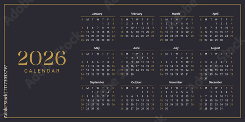 Vector illustration of a stylish 2026 yearly calendar template