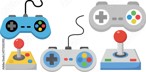 A set of vector illustrations of retro video game joysticks with colored buttons. An analog joystick from an arcade console.