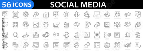 Social Media line 56 icon set. Social networks, friends, connection, network, online community, content, media, website, blog, account, feedback, marketing, like, streaming and more