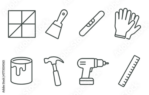 Home renovation tools set: paintbrush, gloves, drill, hammer, and more.