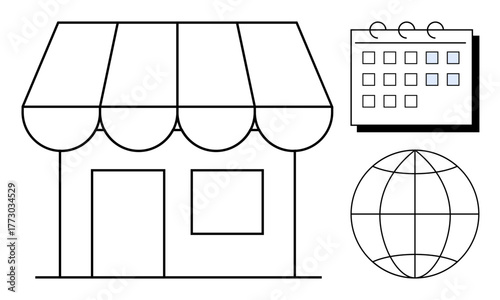 Shopfront with awning, calendar, and globe icon illustrating scheduling, planning, business growth, global connection, ecommerce, retail strategy and time management. Ideal for simple flat metaphor