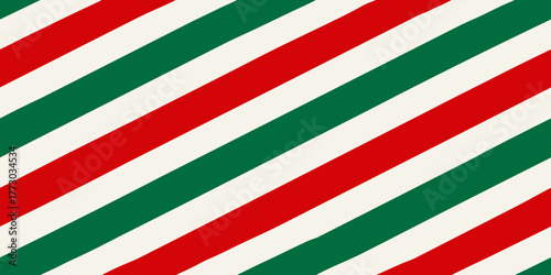 Traditional Christmas background with red, green, and cream-white diagonal stripes in the Candy Cane style. For designing cards, banners, wrapping paper, and digital designs.