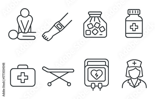 Medical icons: cpr, medication, medical kit, nurse, healthcare symbols.