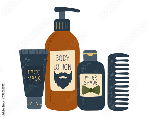 Men’s grooming clipart  with face mask, body lotion, aftershave, and comb. Muted masculine colors, perfect for barbershop design, skincare product packaging, men’s self-care graphics.