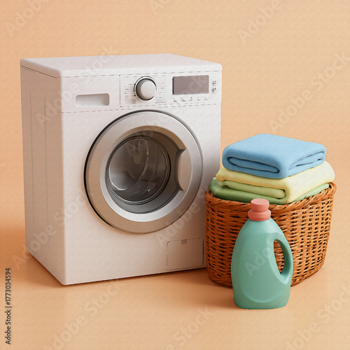 washing machine and laundry basket oil painting style illustration