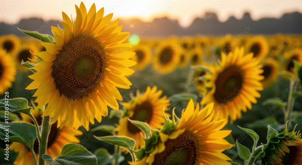 Fototapeta premium Golden Sunflower Field at Sunset with Bright Sun Flare