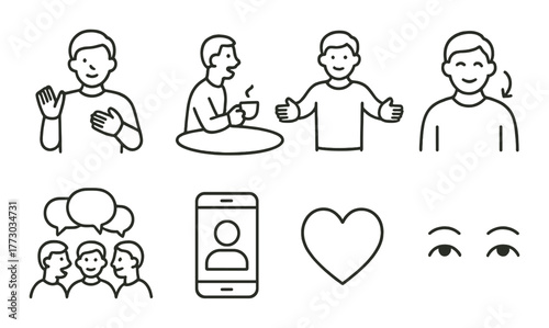 Simple line icons illustrating human interaction and communication concepts.