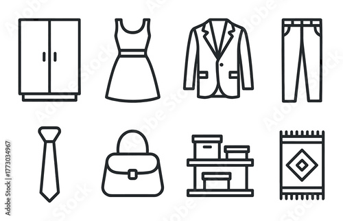 Outline icons of wardrobe, dress, suit, pants, tie, bag, shelf, carpet on dark background.