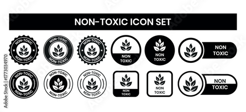 Eco Friendly Non Toxic Vector Label Set. Non Toxic icon set. Non Toxic sign, logo, badge, icon, sticker, label, emblem, stamp, symbol, black, line, flat vector, isolated illustration.