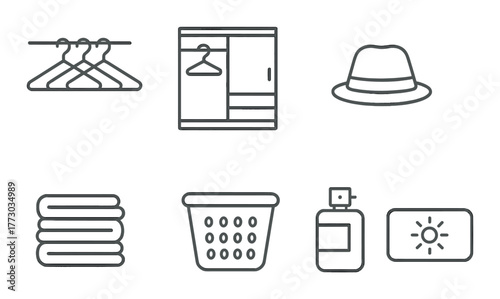 Minimalist wardrobe icons: hangar, wardrobe, hat, towels, laundry basket, perfume, soap.