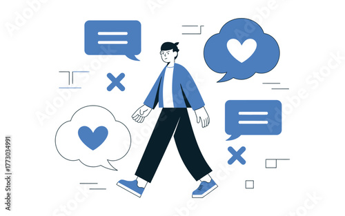 A person walks with communication and emotional symbols floating around them.