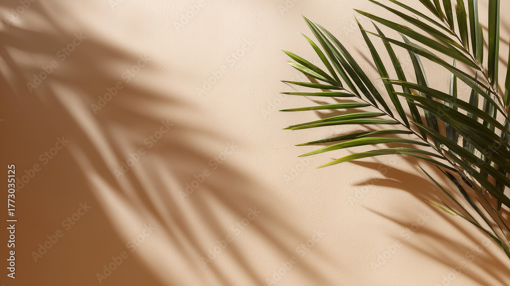 Obraz premium Palm leaves casting shadows on a soft pastel wall in gentle afternoon light