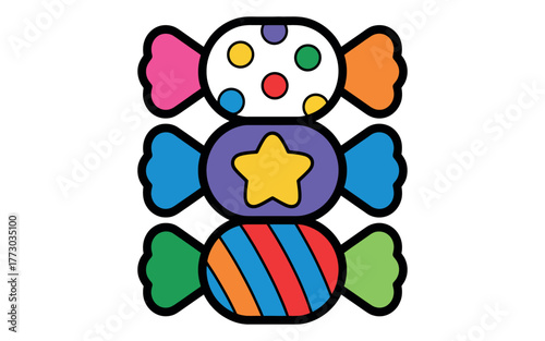 Three colorful candies stacked vertically on a white background.